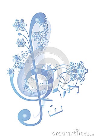 Winter music. Abstract treble clef decorated with snowflakes and notes. Cartoon Illustration